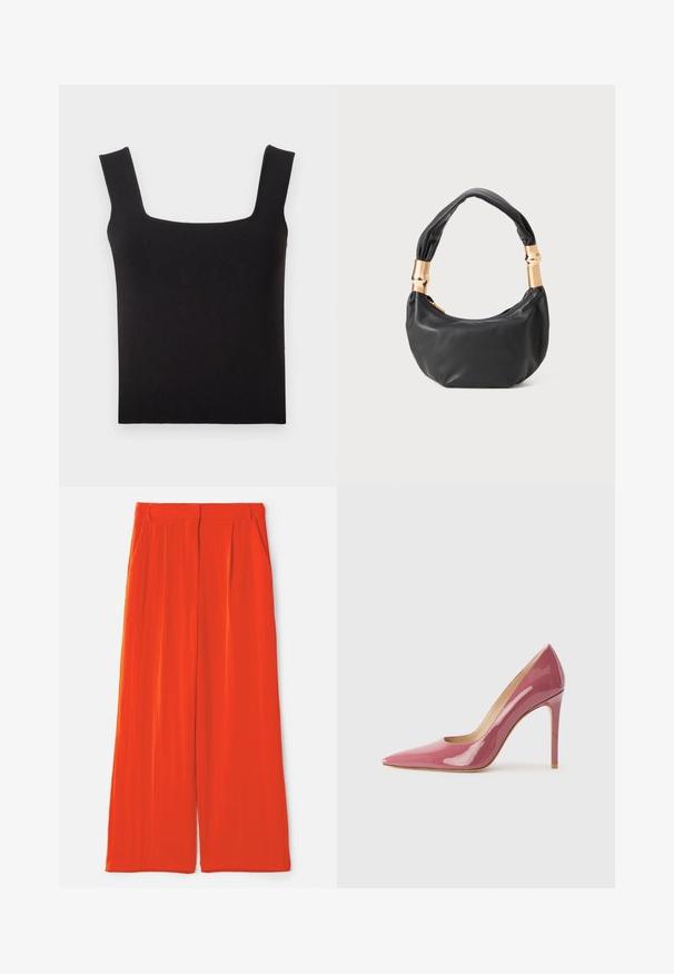 Débardeur noir à encolure carrée en tissu lisse. Doté de bretelles larges et d'une silhouette ajustée avec un ourlet net. Pas de motifs visibles.; Pantalons larges en tissu rouge vif, avec une texture lisse, deux poches latérales et une taille ajustée avec des plis.; Pompe à talons aiguilles en cuir verni rose avec un bout pointu et une silhouette épurée, dotée d'un détail découpé et d'un talon aiguille.; Sac à main en cuir noir de forme ronde, texture douce, et avec une anse nouée ornée d'accents en matériel doré. Fermeture éclair.