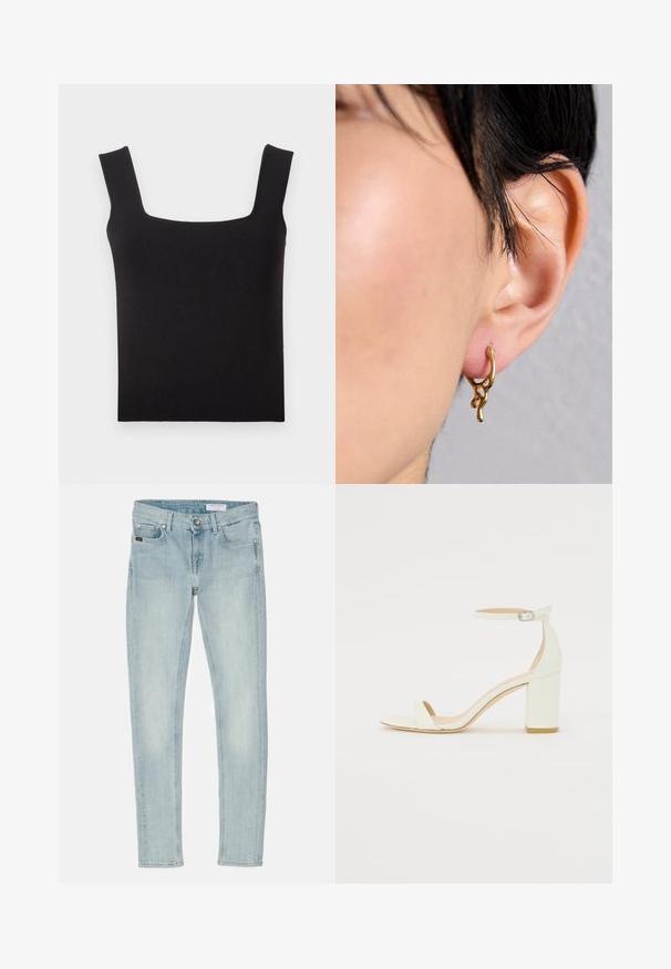 Fekete négyzetnyakú top sima anyagból. Széles pántokkal és fitted sziluettel rendelkezik, tiszta aljjal. Nincsenek látható minták.; Világoskék, skinny farmernadrág, gombos záródással, öt zsebbel, és enyhe kopással a combon és a térdeken.; Fehér bőrsarkú szandál bokaankarral és csattal, minimális dizájnnal. Nyitott orrú és sima textúrákkal az egész felületen.; Arany hoop fülbevaló organikus, folyékony formával, texturált díszítésekkel és sima felülettel, átdöfött fülön viselve.