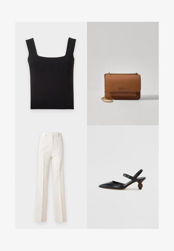 Juodas kvadratinės iškirptės marštinis, pagamintas iš lygaus audinio. Yra plačios petnešėlės ir prigludusi siluetas su tvarkinga apdaila. Matomų raštų nėra.; Baltos, platėjančios kelnės su lygiu paviršiumi, turinčios priekinės klostes ir klasikinius juosmenis, sukurtos išvaizdai, pasižyminčiai elegancija.; Juodos odinės slingback tipo bateliai su smailiu nosiu, išlenktu dizainu ir apvaliu medžio imitacijos kulnu. Pabrėžia siauras kulkšnies dirželis.; Ruda tekstūruota odinė per petį nešama rankinė su auksiniu grandininiu dirželiu ir užlenkiamo užsegimo. Priekinėje pusėje yra logotipo detalė ir kišenė po užlenkimu.