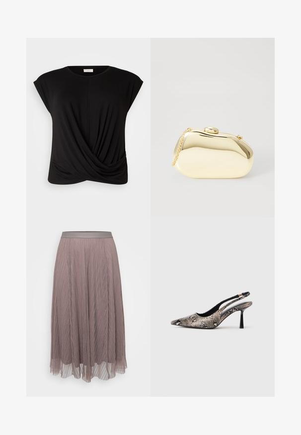 Fekete póló kerek nyakkivágással, rövid ujjakkal és csavart elülső részletével, ami extra textúrát ad neki. Puha, rugalmas anyagból készült.; Redőzött midi szoknya puha mályva színben, sima satin derékkal. Könnyű, áramló anyag, függőleges vonalakkal és áttetsző rétegekkel.; Ívelt orrú slingback cipők, amelyek texturált kígyóbőr hatású anyagból készültek, karcsú fekete sarokkal és oldalsó kivágásos dizájnnal rendelkeznek.; Fémes arany színű kistáska sima, lekerekített formával, tetején gombos záródással és kis láncfogóval a hordozáshoz.
