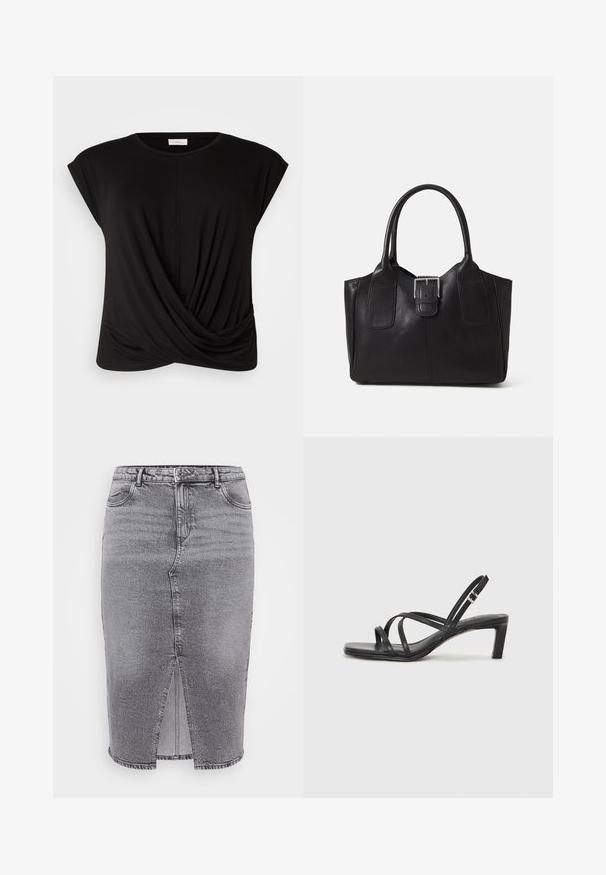 Tricou negru cu decolteu rotund, mâneci scurte și un detaliu răsucit în față pentru o textură suplimentară. Fabricat dintr-un material moale și elastic.; Fustă din denim gri, cu talie înaltă, slit frontal și design clasic cu cinci buzunare. Țesătura are un finisaj neted, ușor texturat.; Sandal cu barete negre, cu vârf pătrat și toc mic de bloc. Prezintă mai multe barete subțiri și o bareta ajustabilă la gleznă. Fabricat din piele netedă.; Geantă tote din piele neagră cu textură netedă, formă structurată, două mânere și un detaliu proeminent din aliaj de argint pe partea din față.