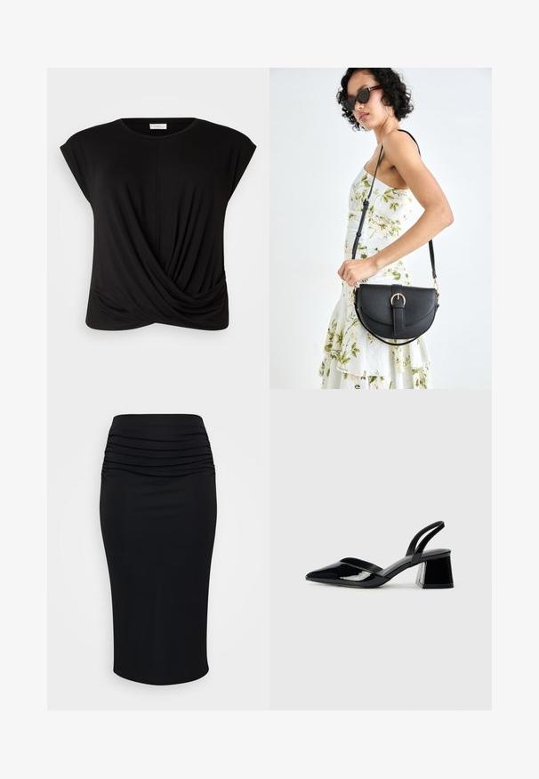 Črna majica s krožnim izrezom, kratkimi rokavi in zvitim sprednjim detajlom za dodaten teksturo. Izdelana je iz mehkega, raztegljivega materiala.; Črna svinčnik krila z nabranim tekstilom na visokem pasu, izdelana iz raztegljive tkanine. Gladek zaključek, dolžina do kolen brez vidnih kovinskih delov.; Črne lakirane slingback pete s koničastim nosom in geometrijsko blokasto peto. Imajo eleganten, minimalističen dizajn in gladko teksturo.; Črna usnjena torbica s ukrivljeno obliko, z odstranljivo naramnico in zlatimi dodatki. Torbica ima pokrov s podrobnostmi v obliki zaponke.