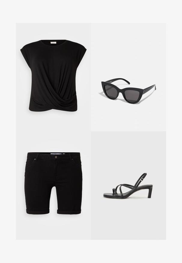 Tricou negru cu decolteu rotund, mâneci scurte și un detaliu răsucit în față pentru o textură suplimentară. Fabricat dintr-un material moale și elastic.; Shorts din denim negru cu o croială dreaptă, cu tivuri răsucite, închidere cu nasture frontal și buzunare laterale. Textură netedă și design minim.; Sandal cu barete negre, cu vârf pătrat și toc mic de bloc. Prezintă mai multe barete subțiri și o bareta ajustabilă la gleznă. Fabricat din piele netedă.; Ochelari de soare negri, forma cat-eye, cu un finisaj mat, având lentile gri și unghiuri ascuțite, precum și brațe laterale elegante. Numele brandului este vizibil pe brațul interior.; Cercei argintii în formă de floare cu un finisaj texturat, având cârlige lungi și detalii asemănătoare petalelor pentru un design complex.