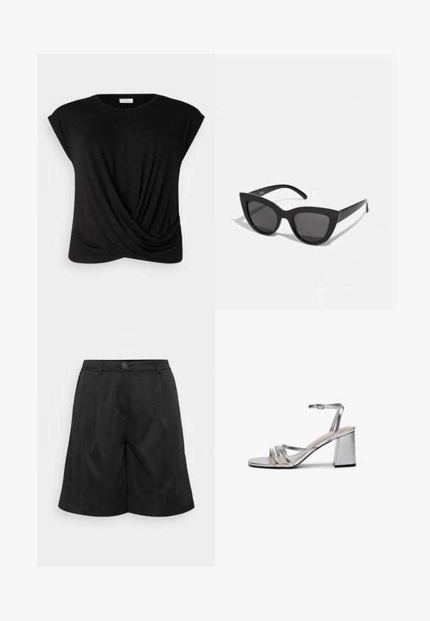 Juodas marškinėliai su apvaliu kaklu, trumpomis rankovėmis ir susuktos priekinės detalės, suteikiančios papildomą tekstūrą. Pagaminti iš minkštos, tamprios medžiagos.; Juodi šortai su tekstūruota medžiaga, su priekyje esančia mygtuko uždarymo sistema, raukšlėmis, manžetėmis ir šoninėmis kišenėmis.; Sidabriniai metaliniai aukštakulniai sandalai su blokuotu kulnu, plona kulkšnies juostele ir keliais plačiais dirželiais per priekinę pėdos dalį. Lygi tekstūra.; Juodos katės akies akinių nuo saulės su matinio paviršiaus danga, turinčiais pilkai tonuotus lęšius, aštriomis linijomis ir elegantiškomis šoninėmis kojelėmis. Prekės ženklas matomas vidinėje kojelėje.; Sidabrinės gėlių formos auskarai su tekstūruotu paviršiumi, turintys ilgas kabliuko formas ir žiedlapiams panašius detalizavimo elementus, sudarantys sudėtingą dizainą.