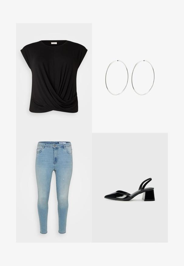 Crna majica s okruglim izrezom, kratkim rukavima i zakovrčenim prednjim dijelom za dodatnu teksturu. Napravljena od mekanog, rastezljivog materijala.; Svijetloplave traperice uskog kroja, s srednjim strukom, klasičnim dizajnom s pet džepova i suptilnim istrošenim detaljima sprijeda.; Crne lakirane kožne sandale s otvorenom petom i špicastim vrhom, s geometrijskom blok petom. Imaju elegantan, minimalistički dizajn i glatku teksturu.; Srebrne naušnice od obruča s glatkim, okruglim dizajnom i poliranim završetkom. Tanak su i lagani, s jednostavnim zatvaranjem.