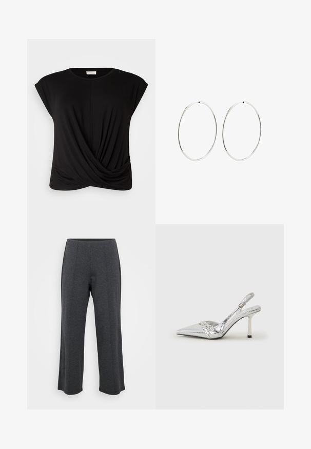 T-shirt noir avec un col rond, des manches courtes et un détail en torsion à l'avant pour plus de texture. Fabriqué à partir d'un tissu doux et extensible.; Pantalons larges gris foncé fabriqués à partir d'un tissu doux et extensible. Comprend une ceinture lisse et un devant plat avec des plis subtils pour un détail supplémentaire.; Escarpin argenté à talon aigu, avec un bout pointu, une finition métallique, deux brides décoratives et un talon élancé avec un embout noir.; Boucles d'oreilles en argent avec un design lisse et rond, et une finition polie. Elles sont fines et légères, avec un fermoir simple.