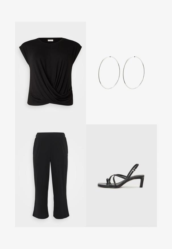 T-shirt nero con scollatura tonda, maniche a cappuccio e un dettaglio frontale torcigliato per un tocco di texture in più. Realizzato in un tessuto morbido ed elasticizzato.; Pantaloni neri accorciati in un tessuto liscio e testurizzato, con vita elastica e pieghe frontali. Le gambe dritte terminano poco sopra la caviglia.; Sandalo nero con cinturini, dalla punta squadrata e tacco basso a blocco. Presenta diversi cinturini sottili e una cinturini regolabile alla caviglia. Realizzato in pelle liscia.; Orecchini a cerchio in argento con un design rotondo e liscio e una finitura lucida. Sono sottili e leggeri, con una semplice chiusura a scatto.