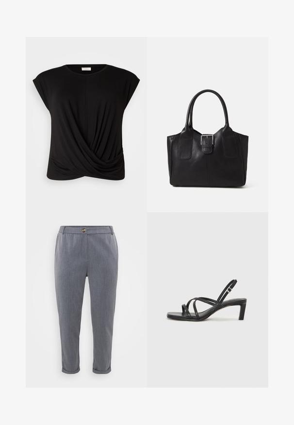 Juodas marškinėliai su apvaliu kaklu, trumpomis rankovėmis ir susuktos priekinės detalės, suteikiančios papildomą tekstūrą. Pagaminti iš minkštos, tamprios medžiagos.; Pilkai pritaikyti kelnių, pasižyminčių lygiu, audiniu, apvadu apačioje, priekinėmis kišenėmis ir mygtuko užsegimu juosmens srityje.; Juodi šlepetės su kvadratiniu pirštu ir žemu bloku kulnu. Yra keli ploni dirželiai ir reguliuojamas kulkšnies diržas. Pagaminti iš lygios odos.; Juodas odinis nešiojamas krepšys su lygiu paviršiumi, struktūrine forma, dviem rankenėlėmis ir ryškiu sidabriniu sagties akcentu priekyje.