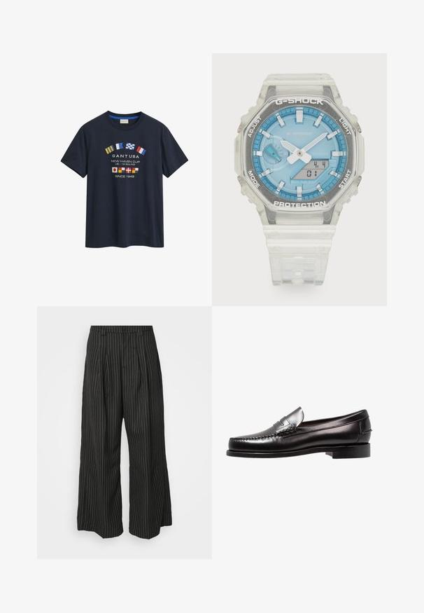 T-shirt in cotone blu navy con scollatura rotonda e maniche corte. Il design frontale include diverse bandiere nazionali e il testo "GANT USA."; Pantaloni a gamba larga neri a righe con pieghe, caratterizzati da un design sartoriale e una texture morbida. Nessun hardware o decorazione visibile.; Mocassino penny in pelle nera con tacco basso, superficie liscia e dettaglio decorativo a punto sul piede. Design classico slip-on.; Orologio G-Shock con cassa in resina trasparente, quadrante blu, dettagli metallici, display digitale e cinturino in silicone testurizzato. Impermeabile fino a 20 bar.
