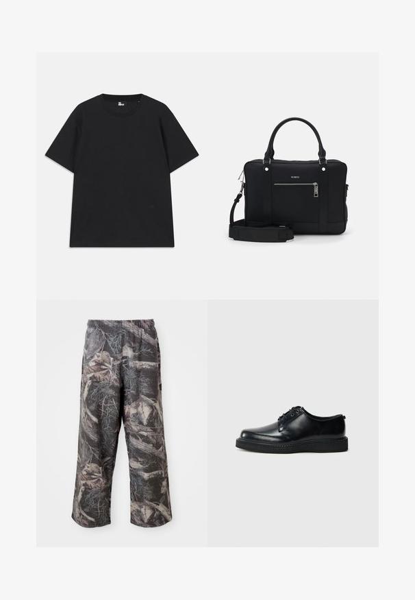 Black short-sleeve t-shirt made of cotton, featuring a round neckline and a small logo detail near the hem. Smooth texture, regular fit.; Camo-patterned wide-leg pants with a muted gray and brown color scheme, elastic waistband, and relaxed fit to enhance comfort and mobility.; Black leather lace-up shoes with a rounded toe, smooth finish, and textured black rubber sole. Minimalistic design with no visible patterns.; Black synthetic tote bag with two handles, a detachable shoulder strap, front zippered pocket, and silver hardware accents.