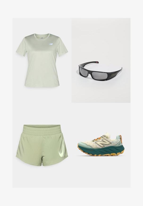 New Balance Sports T-shirt - garter snake; Light green athletic shorts with an elastic waistband, featuring a prominent white Nike swoosh logo on the lower right side.; Men's running shoe featuring a light mesh upper in cream and teal, a cushioned turquoise sole, and orange laces with reflective details.; Black Oakley wraparound sunglasses with dark rectangular lenses and curved arms on a plain white background.