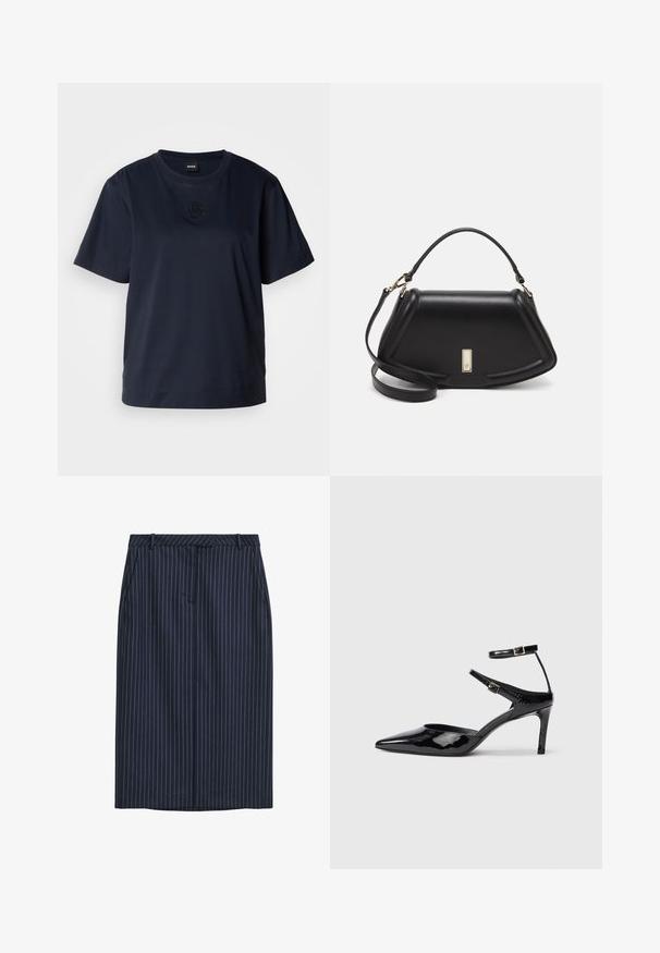 Tumesinine lühikeste varrukatega T-särk, mis on valmistatud pehmest puuvillast. Omab ümmargust kaelust ja diskreetset tikandiga logo rinna piirkonnas.; Tumed pinstripe pliiatsseelik sirge lõikega, ees taskud, vöökoht ja sile tekstuur. Ei mingeid nähtavaid kinnitusi ega sulgemisi.; Mustad nahast mustad kontsad terava ninaga, reguleeritavate pahkluu rihmade ja õhukese kontsaga. Sile tekstuur läikiva viimistlusega.; Must mustrist käekott, millel on struktureeritud disain, lühendatud kuju, ülemine käepide ja kuldne metallist detail. Reguleeritav õlalihm on kaasas.