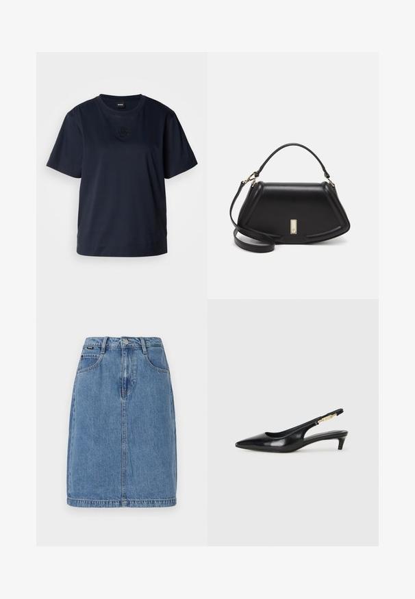 T-shirt bleu marine à manches courtes en coton doux. Il présente un col rond et un logo brodé subtil sur la poitrine.; Jupe en denim bleu clair avec une coupe droite, dotée de cinq poches, de passants de ceinture et d'une fermeture à bouton sur le devant, avec des détails de couture visibles.; Talons hauts en cuir noir avec un bout pointu, dotés d'un talon fin et d'un accent en ton or sur la lanière réglable. Texture lisse.; Sac à main en cuir noir avec un design structuré, featuring une forme cropped, une poignée supérieure et des accents en matériel doré. Bandoulière réglable incluse.