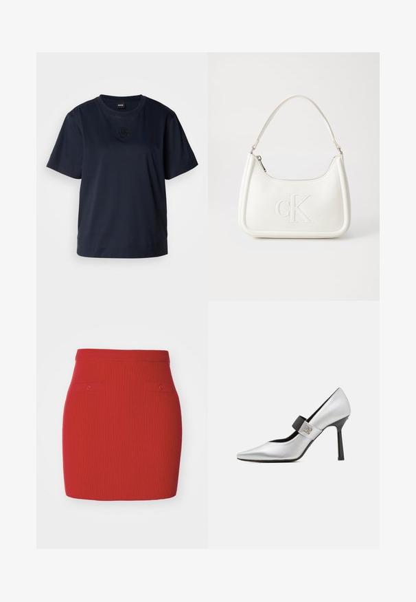 Marineblauw T-shirt met korte mouwen van zachte katoen. Heeft een ronde halslijn en een subtiele geborduurde logo op de borst.; Rode ribgebreide rok met een aansluitend ontwerp, voorzien van twee kleine knoopzakken aan de voorkant en een gladde tailleband.; Zilveren lederen hoge hak schoenen met een puntige teen, zwarte bandaccenten en glanzende afwerking, met een slanke silhouet en dunne hak.; Witte lederen handtas met een gebogen vorm, voorzien van een reliëf "CK" logo aan de voorkant en een enkele schouderriem. Ritsluiting aan de bovenkant.
