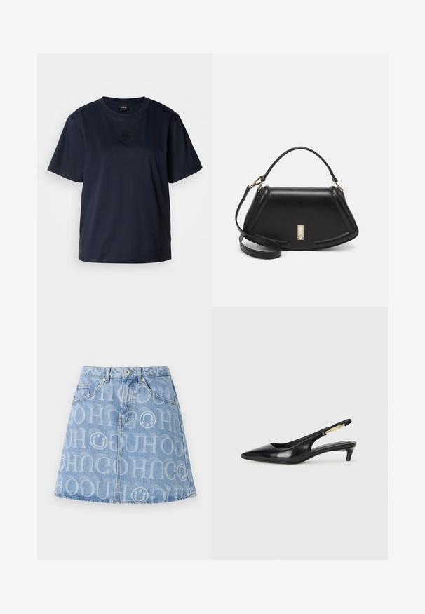 Σκουρομπλε κοντομάνικο μπλουζάκι φτιαγμένο από μαλακό βαμβάκι. Διαθέτει στρογγυλή λαιμόκοψη και διακριτό κεντημένο λογότυπο στο στήθος.; Τζιν φούστα σε ανοιχτό μπλε απόχρωση με επαναλαμβανόμενο λογότυπο σε όλη την επιφάνεια, πέντε τσέπες και φαρδιά σιλουέτα με ορατή ζώνη.; Μαύρες δερμάτινες γόβες slingback με μυτερή μύτη, διαθέτοντας λεπτό τακούνι και χρυσή λεπτομέρεια στην ρυθμιζόμενη λωρίδα. Λείος υφές.; Μαύρη δερμάτινη τσάντα με δομημένο σχέδιο, που διαθέτει κομμένο σχήμα, επάνω λαβή και χρυσά μεταλλικά στοιχεία. Περιλαμβάνει ρυθμιζόμενο λουρί ώμου.