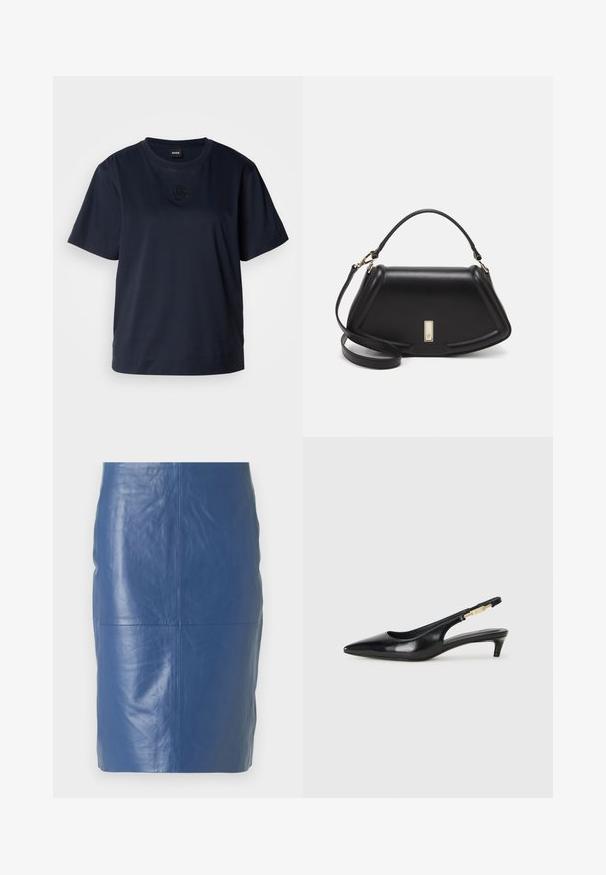 Námornícky modré tričko s krátkym rukávom vyrobené z mäkkej bavlny. Obsahuje zaoblený výstrih a jemne vyšité logo na hrudi.; 2nd Day JAYAN - Kožená sukňa - ensign blue; Čierne kožené slingback opätky s špicatou špičkou, s úzkym opätkom a zlatým detailom na nastaviteľnom remienku. Hladká textúra.; Čierna kožená kabelka so štruktúrovaným dizajnom, s krátkym tvarom, hornou rúčkou a zlatými prvkami. Súčasťou je nastaviteľný ramenný popruh.