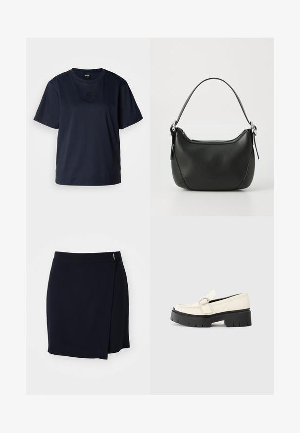 Tumši zila īsām piedurknēm T-kreklu, kas izgatavots no mīksta kokvilnas. Tam ir apaļa apkakle un diskrēts izšūts logos uz krūšu daļas.; Jūras spēku mini svārki no gludas auduma ar sānu šķēlumu un nelielu metāla akcentu jostasvietā. Vienkāršs, minimālistisks dizains.; Baltā ādas loafera ar masīvu melnu platformu, ar taisnstūra sudraba sprādzi un redzamām šuvām augšējā daļā.; Melnas ādas rokassoma ar izliekumu formu, sudraba rāvējslēdzis un īsu rokturi. Priekšpusē ir smalks logo un gluda tekstūra.