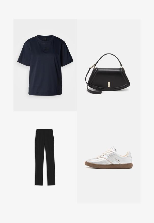 T-paita tummansinisestä pehmeästä puuvillasta, lyhyet hihat. Pyöristetty pääntie ja hillitty brodeerattu logo rinnassa.; Mustat räätälöidyt housut suoran lahkeen designilla, joissa on etutaskut ja sileä, teksturoitu kangas. Siistit, minimalistiset yksityiskohdat.; Nubikk RAY OWEN - Matalavartiset tennarit - silver metallic/shiny mocca; Mustalla nahkalaukulla, jossa on jämäkkä muotoilu, lyhyt malli, yläkahva ja kultaiset yksityiskohdat. Säädettävä olkahihna sisältyy.