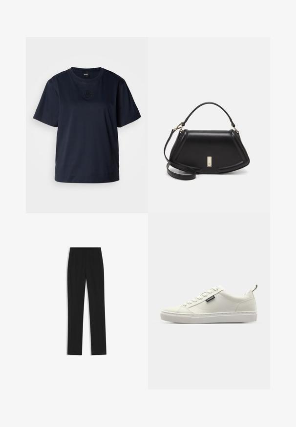 Navy blue short-sleeve t-shirt made of soft cotton. Features a rounded neckline and a subtle embroidered logo on the chest.; Black tailored trousers with a straight-leg design, featuring front pockets and a smooth, textured fabric. Neat, minimal detailing.; White sneaker made of synthetic material, featuring a smooth texture, lace-up design, rounded toe, and a branded side label.; Black leather handbag with a structured design, featuring a cropped shape, top handle, and gold hardware accent. Adjustable shoulder strap included.