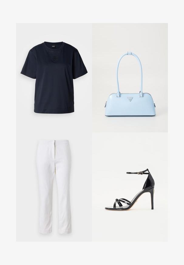 Tricou de culoare bleumarin cu maneca scurtă, realizat din bumbac moale. Previne o gât rotund și are un logo brodat subtil pe piept.; Pantaloni din bumbac alb, cu un design drept, având talie medie și fără hardware sau modele vizibile. Textură uniformă pe întreaga suprafață.; Sandale cu toc înalt din piele patent neagră, cu multiple curele, curea la glezna, vârf ascuțit și un detaliu din metal de culoare aurie.; Geantă de mână bleu deschis, cu o formă structurată, din piele netedă, două mânere și un logo de brand triunghiular pe față. Închidere cu fermoar.