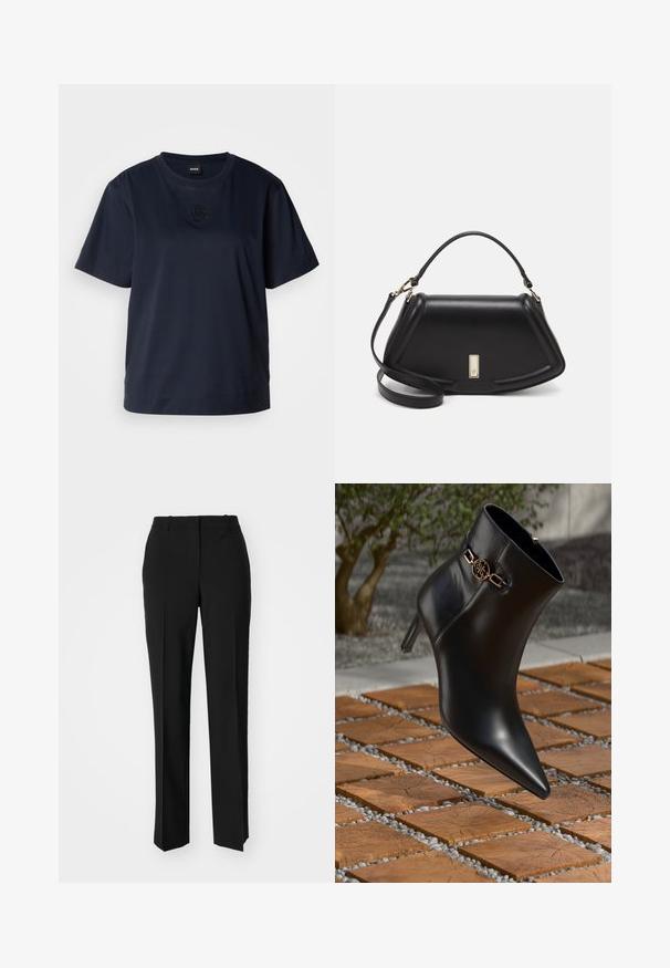 Tumesinine lühikeste varrukatega T-särk, mis on valmistatud pehmest puuvillast. Omab ümmargust kaelust ja diskreetset tikandiga logo rinna piirkonnas.; Mustad ja sirged püksid, millel on sile tekstuur ja teravad voldid esiosas. Ilma nähtavate detailideta.; Mustadast nahast pahkluu saapad terava nina ja väikese kontsaga. Rikkalikult kaunistatud kuldne kett pahkluu ümber. Ümbritsetud tekstuurse kivi pinnaga.; Must mustrist käekott, millel on struktureeritud disain, lühendatud kuju, ülemine käepide ja kuldne metallist detail. Reguleeritav õlalihm on kaasas.