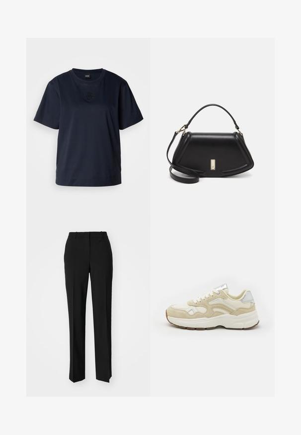 Σκουρομπλε κοντομάνικο μπλουζάκι φτιαγμένο από μαλακό βαμβάκι. Διαθέτει στρογγυλή λαιμόκοψη και διακριτό κεντημένο λογότυπο στο στήθος.; Μαύρο παντελόνι με ραφή που έχει σχεδιασμό ίσιας γραμμής, διαθέτει λεία υφή και καθαρές πτυχώσεις κατά μήκος της μπροστινής πλευράς. Χωρίς ορατό μεταλλικό υλικό.; Μπεζ αθλητικά παπούτσια με σουέτ και πλέγμα, στρογγυλή μύτη και λευκές κορδόνες. Ασημένιες λεπτομέρειες στη φτέρνα και τη γλώσσα, υφασμάτινη λαστιχένια σόλα.; Μαύρη δερμάτινη τσάντα με δομημένο σχέδιο, που διαθέτει κομμένο σχήμα, επάνω λαβή και χρυσά μεταλλικά στοιχεία. Περιλαμβάνει ρυθμιζόμενο λουρί ώμου.