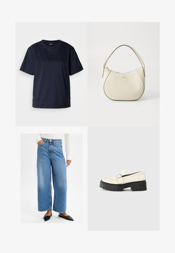 Temno modra kratka majica s kratkimi rokavi, izdelana iz mehke bombažne tkanine. Ima okroglo ovratnico in subtilno vezeno logo na prsih.; Svijetloplave široke traperice s visokim strukom, dizajnom s pet džepova i metalnim kopčanjem. Glatka tekstura i ležeran kroj.; Bela usnjena loafer čevlja z debelim črnim podplatom, ki ima pravokotno srebrno zaponko in vidne šive na zgornjem delu.; Kremna torbica z teksturiranim zaključkom, ukrivljena oblika, kratek ročaj in detajl v zlatem tonu z logotipom. Zadrga na vrhu.