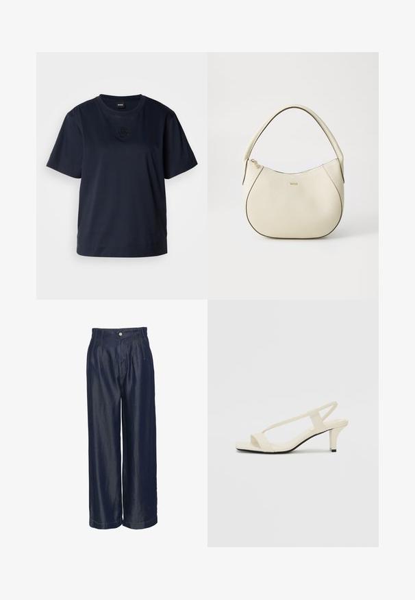 Tumesinine lühikeste varrukatega T-särk, mis on valmistatud pehmest puuvillast. Omab ümmargust kaelust ja diskreetset tikandiga logo rinna piirkonnas.; Tumedat sinised laiad püksid kõrge vöökohaga, millel on esiplekid ja kuldne õmblus, sile tekstuur ja nupuga kinnitamine.; Beez blok-kandadesed õhukeste rihmadega ja ruudukujulise varbaga. Sile materjal minimaalsete detailidega, kujundatud mugavaks kandmiseks.; Kreemivärvi käsipott, millel on tekstureeritud viimistlus, kumer kuju, lühike käepide ja kuldse tooniga logo detail. Ülemine lukustus.