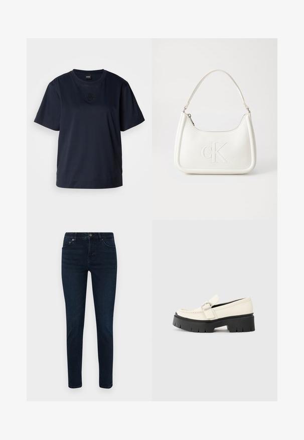 Tricou de culoare bleumarin cu maneca scurtă, realizat din bumbac moale. Previne o gât rotund și are un logo brodat subtil pe piept.; Jeans din denim de culoare închisă, cu croială slim, având un design cu cinci buzunare, sistem de închidere cu nasture și detalii de broderie subtile. Textură netedă pe întreaga suprafață.; Lofer alb din piele, cu o talpă platformă masivă neagră, având o cataramă rectangulară din argint și detalii vizibile de cusătură pe partea superioară.; Geantă de umăr din piele albă cu formă curbată, având un logo "CK" embosat pe partea din față și un singur braț de umăr. Închidere cu fermoar în partea de sus.