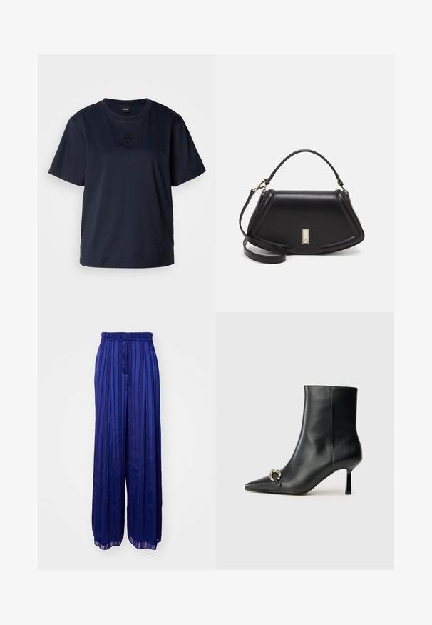 Navy blue short-sleeve t-shirt made of soft cotton. Features a rounded neckline and a subtle embroidered logo on the chest.; Purple pleated wide-leg trousers with a textured finish, featuring a high waistband and flowing silhouette, suitable for casual or formal wear.; Black leather ankle boot with pointed toe, slim mid-height heel, and silver buckle detail on side against plain background.; Black leather handbag with a structured design, featuring a cropped shape, top handle, and gold hardware accent. Adjustable shoulder strap included.