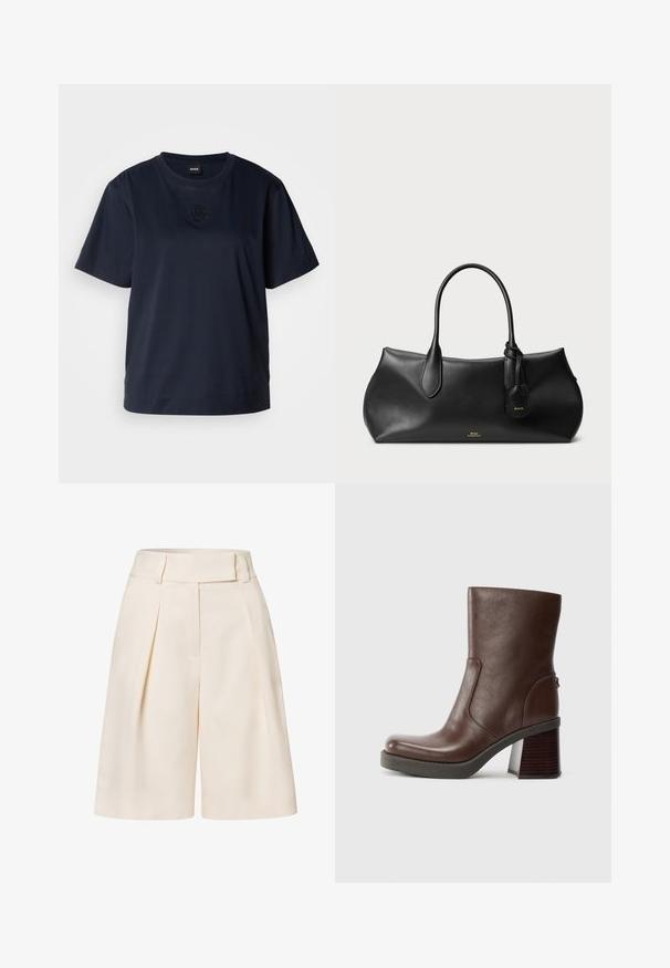 Temno modra kratka majica s kratkimi rokavi, izdelana iz mehke bombažne tkanine. Ima okroglo ovratnico in subtilno vezeno logo na prsih.; Kremno obarvani skrojeni kratki hlače z visokim pasom, nagubanim sprednjim delom in gladkim tekstilom. Ima široke, skrajšane noge.; Brah znežni čevlji s kroženim nosom, gladko teksturo in masivnim lesenim peto. Podrobnosti na stranski šiv in subtilen sijaj.; Črna usnjena torbica z gladko teksturo, zaobljeno obliko, dvema ročajema in majhno oznako pritrjeno nanjo. Diskreten logotip blagovne znamke v zlati barvi na sprednji strani.