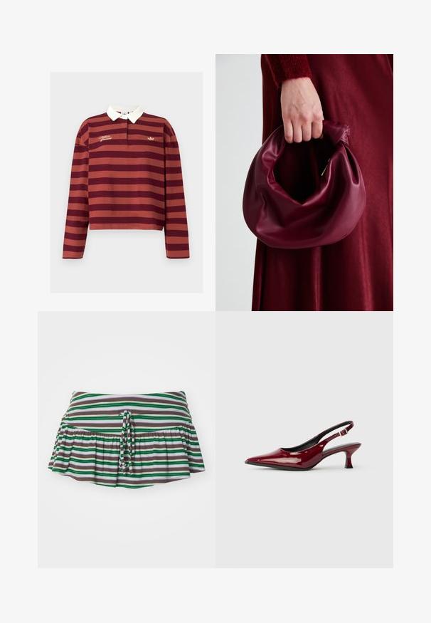 Burgunderfarget og ruststripet langermet polo-skjorte med hvit krage, med gullbroderte merker og en liten logo på brystet.; Jaded London FLIPPY SKORT - Miniskjørt - multi; Burgunderfargede lakket skinn slingback hæler med spiss tå og en elegant stilettohælhøyde. Åpen bakdesign med justerbar ankelrem.; Bordeaux lærhåndveske med et mykt, samlet design og avrundet form. Håndtaket er festet, og viser en glatt tekstur.