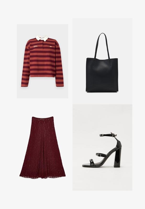 Polo à manches longues rayé bordeaux et rouille avec un col blanc, comportant un logo brodé doré et un petit logo sur la poitrine.; Longue jupe en dentelle bordeaux avec une silhouette en A et un motif floral semi-transparent.; Sandales à talons vernies noires avec un bout carré, des sangles autour de la cheville et des boucles en argent. Dotées d'un talon bloc épais pour plus de stabilité.; Sac fourre-tout en cuir noir avec une texture lisse, de forme rectangulaire et deux longues poignées. Pas de matériel ou d'ornementations visibles.