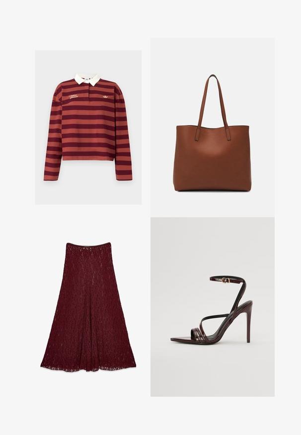 Bordo ir rūdžių dryžuota ilgomis rankovėmis polo marškinėliai su blyškiai balta apykakle, papuošti auksinėmis siuvinėtomis prekės ženklo detalėmis ir mažuoju logotipu krūtinėje.; Ilgai bordo spalvos nėrinių sijonas su A formos siluetu ir pusiau permatomu gėlių raštu.; Burgundiško lakinės odos aukštakulniai sandalai su kulkšnies dirželiu, smailiu priekiniu kraštu ir trimis horizontaliomis juostelėmis per pėdą. Auksinės spalvos sagties detalė.; Ruda odinė priekabų krepšys su glotnia tekstūra, atviru viršumi ir dviem petnešomis. Su minimalia siuvimo detalėmis ir nematoma aparatūra.