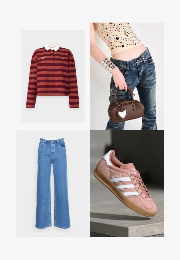 Polo majica dugih rukava u boji maroona i rđe sa bijelim ovratnikom, s zlatnim vezenim brendiranjem i malim logom na prsima.; Plave traperice širokih nogavica visokog struka, s dva prednja džepa i kopčanjem na dugme. Tkanina ima blago teksturiranu površinu.; Roze suede tenisice s bijelim prugama, gumeni potplat, teksturirani gornji dio i logo na jeziku. Klasičan niskoprofilni dizajn.; Smeđa kožna torba s naglaskom u obliku srca, zaobljenog dizajna, zlatne metalne površine, koju drži ruka; u kombinaciji s poderanim trapericama i topom ukrašenim perlicama.