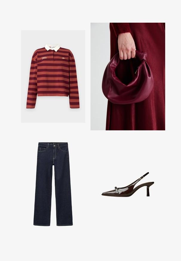 Prúžkovaná polo košeľa s dlhým rukávom v marónovej a hrdzavej farbe, s bielym golierom, so zlatou vyšívanou značkou a malým logom na hrudi.; Tmavé džínsy s voľným strihom. Majú vysoký pás, päť vreciek a kontrastné švy. Priamy strih, bez zdobenia.; Hnedá laková slingback obuv s špicatou špičkou, nízkym opätkom a dekoratívnou mašľou vpredu. Hladká, lesklá štruktúra.; Burgundská kožená kabelka s mäkkým, zhromaždeným dizajnom a zaobleným tvarom. Rukoväť je pevne zaisťujúca a vystavuje hladkú textúru.