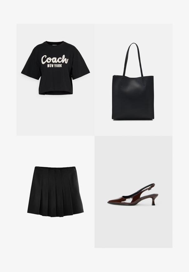 Fekete, rövid fazonú, pamut póló, nagy, fehér "Coach New York" felirattal az elején és rövid ujjakkal. Simás textúra.; Next PONTE - A-vonalú szoknya - black; Barna lakkbőr slingback cipő hegyes orral és mérsékelt sarkal. Biztonságos illeszkedést biztosító csattal rendelkezik. Sima textúra.; Fekete bőrtáska sima felszínnel, téglalap alakú, két hosszú füllel. Nincs látható fémkiegészítő vagy díszítés.