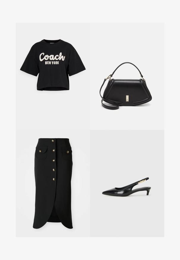 Black cropped t-shirt made of cotton, featuring large white "Coach New York" text on the front and short sleeves. Smooth texture.; Black knee-length skirt made of smooth fabric, featuring a front button closure, two side pockets, and a high slit at the back. Gold-button accents.; Black leather slingback heels with a pointed toe, featuring a slim heel and a gold-tone accent on the adjustable strap. Smooth texture.; Black leather handbag with a structured design, featuring a cropped shape, top handle, and gold hardware accent. Adjustable shoulder strap included.