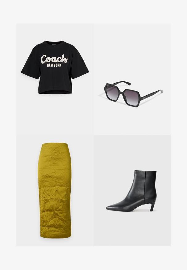 Mustat lyhyet hihat ja lyhyt t-paita, joka on valmistettu puuvillasta ja jossa on suuri valkoinen "Coach New York" -teksti etupuolella. Sujuva pinta.; Oliivinvihreä kynähame, jossa on teksturoitu, ryppyinen kangas. Suora leikkaus ja puolenpituinen muotoilu. Saumadetailit näkyvät siluetissa.; Mustan nahkaisen nilkkurikenkiä, joissa on terävä kärki ja matala kitten-korko, vaalealla tasaisella taustalla.; Mustat kuusikulmaiset aurinkolasit, joissa on gradient-linssit, kiiltävä pinta ja hienovarainen brändäys sankassa. Kestävä muovinen rakenne.