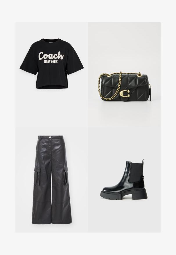 Fekete, rövid fazonú, pamut póló, nagy, fehér "Coach New York" felirattal az elején és rövid ujjakkal. Simás textúra.; Fekete bőr cargo nadrág, széles lábakkal, két oldalsó zsebbel és részletes varrással. Az anyag sima, fényes textúrájú.; Fekete bokacsizmák fényes bőrből, elasztikus oldalsó panelekkel, húzófüllel és vastag gumitalppal, ami texturált taposó mintával rendelkezik.; Fekete steppelt bőr kézitáska arany lánc pánttal és kör alakú akasztóval. Kompakt, téglalap alakú.