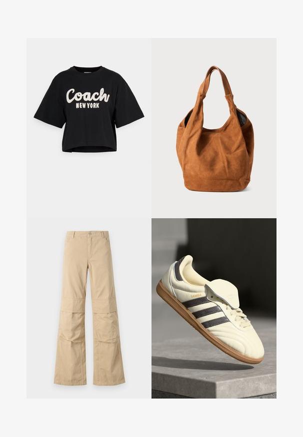 Zwarte cropped t-shirt van katoen, met grote witte tekst "Coach New York" op de voorkant en korte mouwen. Gladde textuur.; Beige wijde broek met een relaxte pasvorm, gemaakt van katoen, met zichtbare stiksels, voorzakken en een knoopsluiting.; Crème leren sneaker met drie donkere strepen, een bruine gumrubberen zool en een ronde neus. Voorzien van een opvouwbare tong met het label "SAMBA."; Bruine suède schoudertas met een zachte textuur, gebogen vorm en twee handvatten. Heeft een minimalistisch ontwerp zonder zichtbare hardware of accenten.