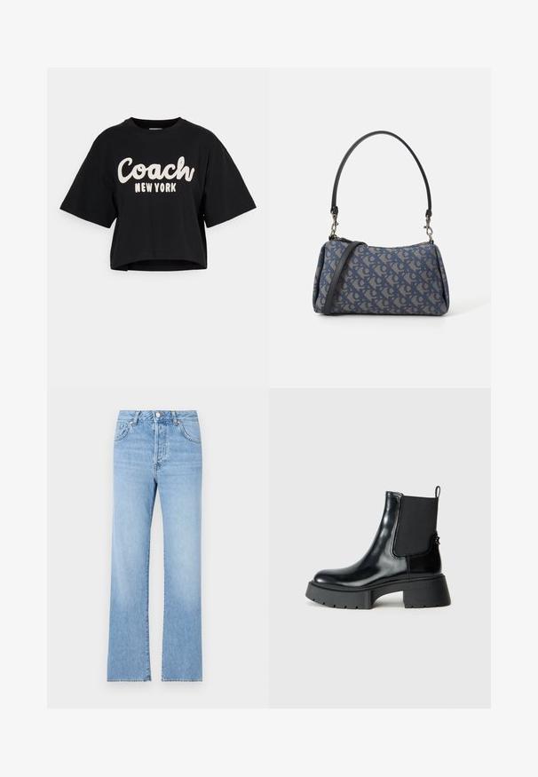 Črna skrajšana majica iz bombaža, ki ima na sprednji strani velik bel napis "Coach New York" in kratke rokave. Gladka tekstura.; Svijetloplave traperice ravnog kroja, visokog struka, s pet džepova, zatvaranjem na gumb i laganim izblijeđenjem po tkanini.; Črne gležnjarje iz sijoče usnjene tkanine z elastičnimi stranskimi paneli, zanka za nošenje in debelim gumijastim podplatom, ki ima teksturiran profil.; Modra torbica s vzorom iz blaga, ki ima ukrivljeno obliko, črn usnjen trak in logotip v svetlejši odtenek.
