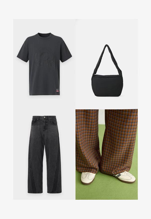 Tamsiai pilkas džersis marškinėliai su apvaliu iškirpimu, trumpomis rankovėmis, toniniu iškilminiu logotipu ir dekoratyviniais elementais priekyje. Maža rožinė etiketė apačioje.; Juodos džinsinės kelnės su plačiais kojomis, pasižyminčios šoninėmis juostelėmis iš šiek tiek tamsesnės medžiagos. Dvi priekinės kišenės ir metalinė mygtuko uždarymo sistema.; Rudos ir mėlynos langelinės plačios kelnės, derinamos su baltais batais su juodais akcentais ir tekstūruotais padais, prieš žalią foną.; Juodas pečių krepšys su paminkštinta tekstūra, apvalia forma ir plačia juostele, su iškilminiu logotipu priekyje.