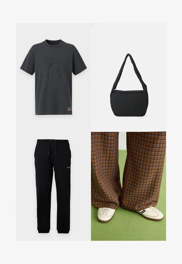 Tamno siva pamučna majica s okruglim izrezom, kratkim rukavima i toniranom utisnutom logotipom te dekorativnim elementima na prednjoj strani. Mala ružičasta oznaka na rubu.; Crne trenirke s elastičnom gumom u struku i vezicom, sa bočnim džepovima i malim isprintanim logom na lijevom bedru. Mekani materijal.; Smeđe i plave karirane široke hlače uparene s bijelim cipelama s crnim akcentima i teksturiranim potplatom, na zelenoj pozadini.; Crna torba za rame s podstavljenom teksturom, zaobljenog oblika i širokim remenom, s reljefnim logotipom sprijeda.