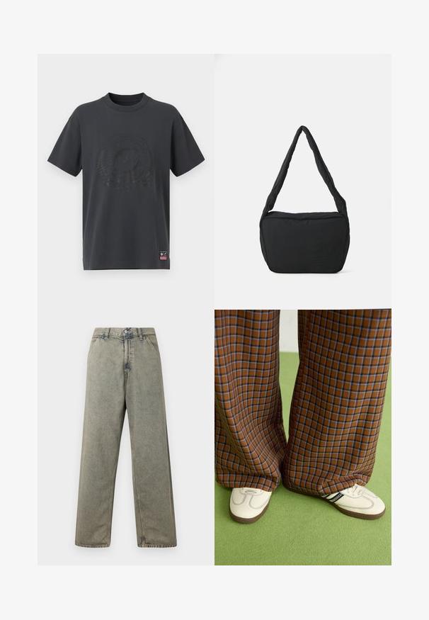 Tmavě šedé bavlněné tričko s kulatým výstřihem, krátkými rukávy a tónově embosovaným logem a dekorativními prvky na přední straně. Malá růžová etiketa na lemu.; Džíny s širokými nohavicemi v bledě šedé barvě, s knoflíkovým zapínáním a tradičním designem pěti kapes s viditelnými švy.; Hnědo-modré kostkované široké kalhoty doplněné bílými botami s černými akcenty a texturovanou podrážkou, umístěné na zeleném pozadí.; Černá ramenní taška s polstrovanou texturou, zaobleným tvarem a širokým popruhem, na jejíž přední straně je vyražené logo.