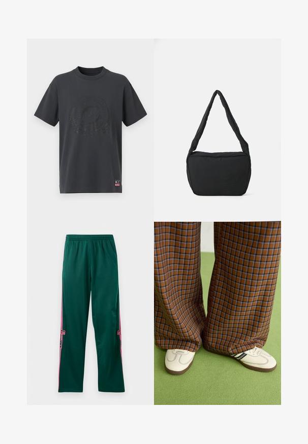 T-shirt de algodão cinza escuro com gola redonda, mangas curtas e um logotipo relevo tonal e elementos decorativos na frente. Pequeno rótulo rosa na bainha.; Calças de atletismo verdes em tecido com um corte solto, apresentando riscas laterais cor-de-rosa e um logo da Adidas na parte inferior da perna. Textura suave, cintura elástica.; Calças largas em padrão xadrez castanho e azul, combinadas com sapatos brancos com detalhes pretos e solas texturizadas, contra um fundo verde.; Saco preto de ombro com uma textura almofadada, uma forma arredondada e uma alça larga, apresentando um logótipo em relevo na parte da frente.