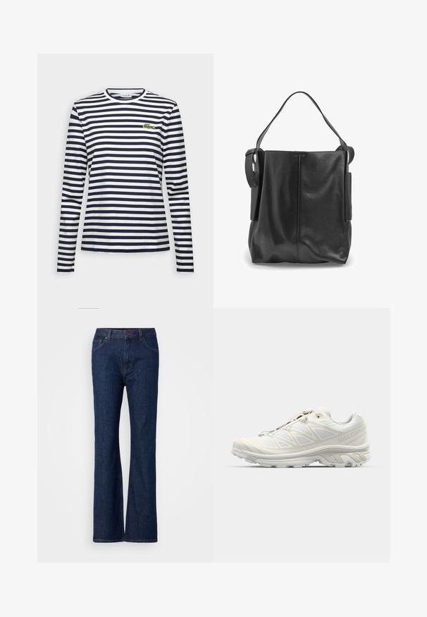 Hosszú ujjú póló tengerészkék és fehér vízszintes csíkokkal, kerek nyakkivágással és hímzett zöld krokodil logóval a mell részen.; Kibővített, kék farmernadrág magas derékkal, sima textúrával, fémből készült gombos záródással és öt zsebes kialakítással.; Fehér futócipő légáteresztő hálós felsőrésszel, texturált részletekkel és párnázott talppal. Gyorsfűzős rendszerrel rendelkezik a könnyű illeszkedés érdekében.; Fekete bőr bevásárlótáska laza kialakítással, egyetlen vállpánttal és oldalsó zsebekkel a további funkciók érdekében. Simára csiszolt felület.
