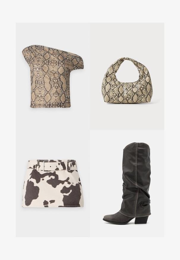 Textured, beige and brown snake skin-patterned fabric piece with an asymmetrical shape, designed for a unique, modern look.; Cow-print denim mini skirt with a belted waist. Features contrasting dark brown shapes on a light background. Textured fabric with sturdy stitching.; Gray leather calf-high boots with a slouchy design, pointed toe, and stacked heel. Notable stitching detail on the toe area.; Snake-print handbag with a curved handle. Made from textured, beige and brown materials, featuring a distinctive diamond pattern.