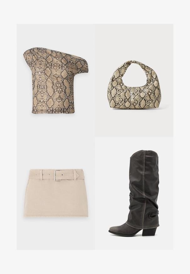 Texturiertes, beige-braunes Stoffstück im Schlangenhautmuster mit asymmetrischer Form, entworfen für einen einzigartigen, modernen Look.; Abercrombie & Fitch BELTED MINI - Jeansrock - beige; Graue Lederstiefel bis zur Wade mit einem lässigen Design, spitzer Zehenform und gestapelt Hohem Absatz. Auffällige Nähte im Bereich der Zehen.; Schlangenmuster-Tasche mit einem gebogenen Griff. Hergestellt aus strukturierten, beige- und braunfarbenen Materialien, die ein markantes Diamantmuster aufweisen.