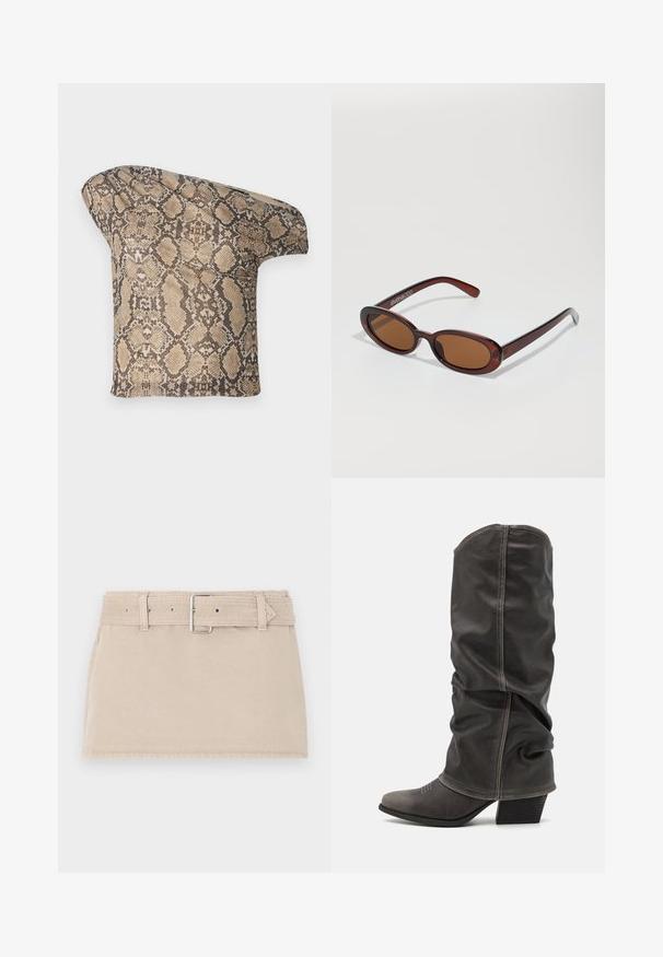 Un morceau de tissu à motif serpent texturé en beige et brun, avec une forme asymétrique, conçu pour un look moderne et unique.; Abercrombie & Fitch BELTED MINI - Jupe en jean - beige; Bottines en cuir gris hauteur mollet avec un design décontracté, bout pointu et talon empilé. Détails de couture remarquables sur la zone des orteils.; Lunettes de soleil rondes teinte brun avec une monture bordeaux brillante. Branches fines avec un détail de marque subtil. Design de verres plats.; Sac à main en motif serpent avec une poignée incurvée. Fabriqué à partir de matériaux texturés beiges et bruns, présentant un motif en diamant distinctif.